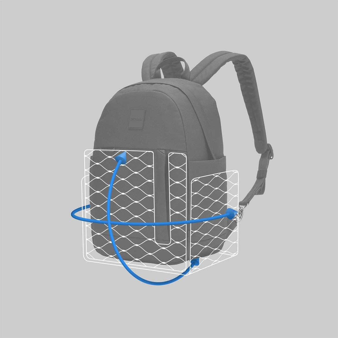 Przekrój plecaka pokazujący, gdzue dokładnie znajduję się siatka stalowa eXomesh