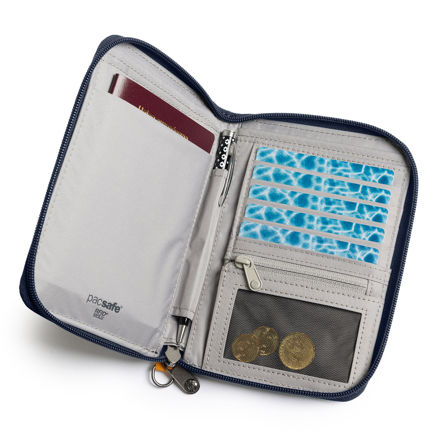 Portfel antykradzieżowy męski duży RFID Pacsafe - granatowy